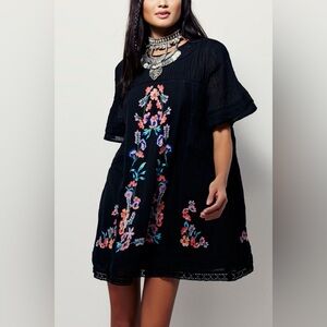 🖤 FREE PEOPLE ❤️ Perfectly Victorian Embroidered Linen Dress Blk Sz M